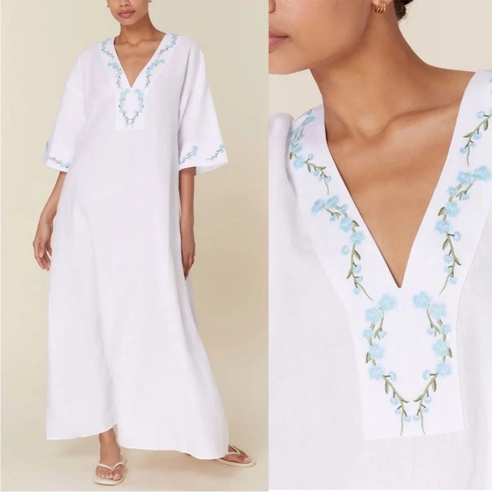 NWT Andie x Fanm Mon KEPEZ DRESS LINEN CAFTAN NEW White Blue EMBROIDERED size XL - Picture 1 of 11